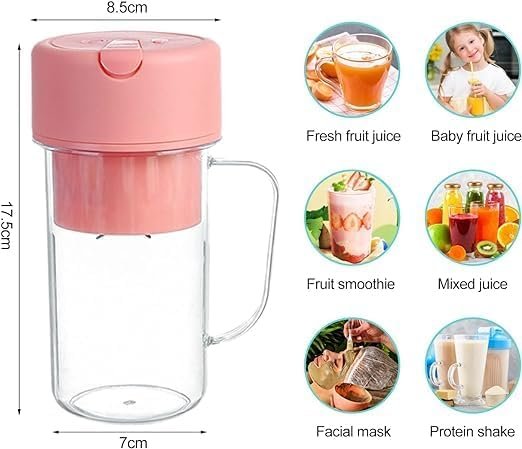 Portable and USB rechargeable 2 in 1 Juicer with Handle & Straw for Juice, Smoothie Sipper (420 ML) 6 Stainless Steel Blades Compact Juicer Mixer (Blush Petal) - Image 2