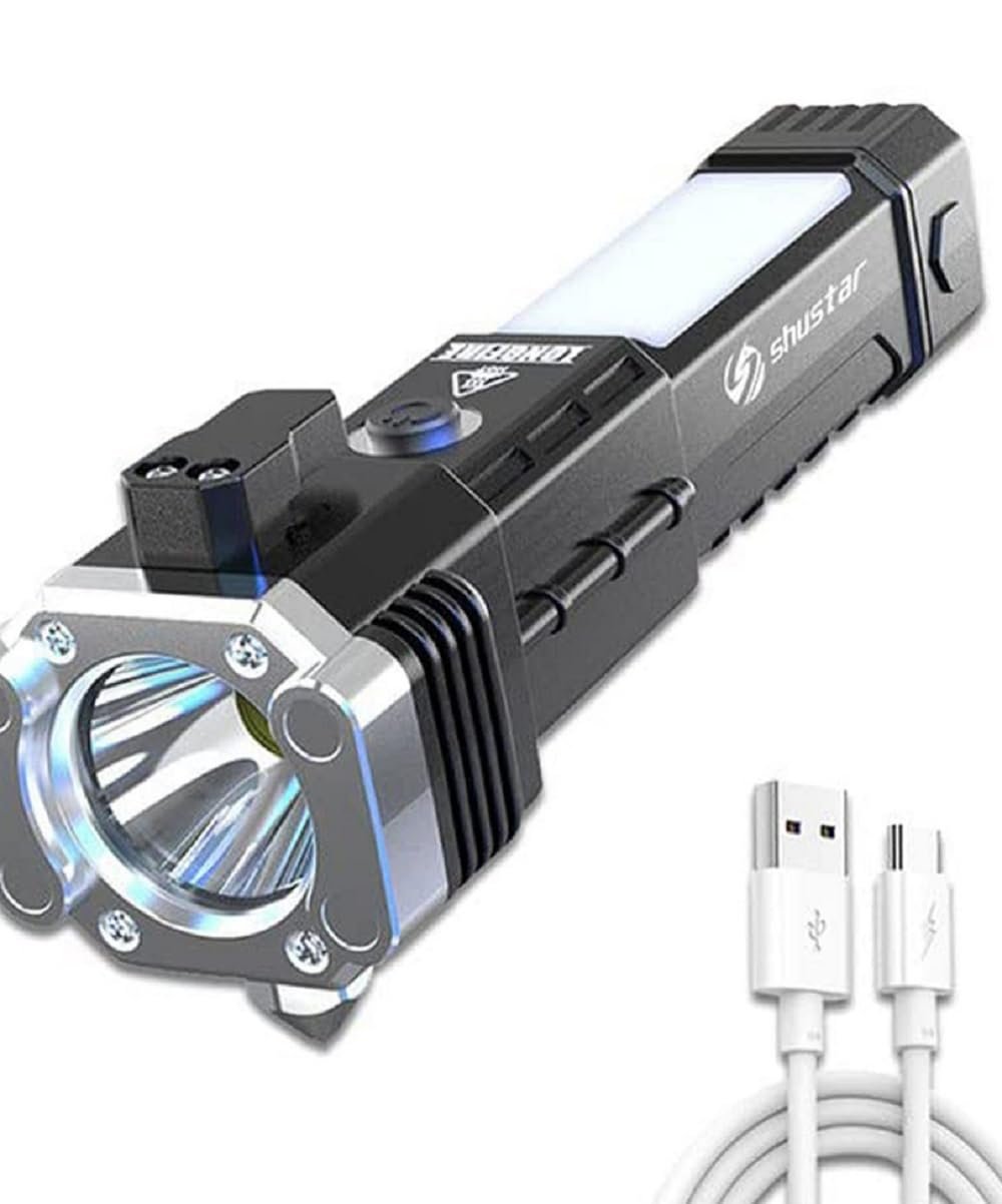 LED 3W Torch Light.Rechargeable Torch Flashlight,Long Distance Beam Range Car Rescue Torch with Hammer Window Glass and Seat Belt Cutter Built in Mobile USB Fast Charger Power Bank