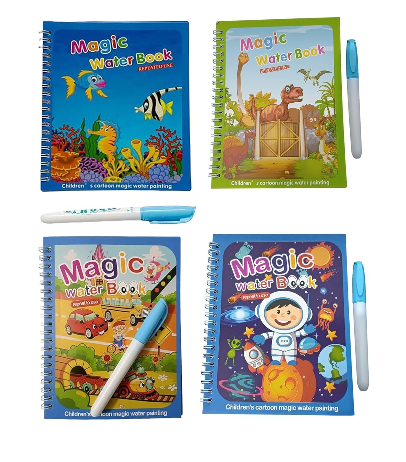 Cartoon, Vehicle, Astronaut Themes Magic Water Quick Dry Book | Water Coloring Book Doodle with Magic Pen | Reusable Water Coloring Book for Kids (Set of 4)